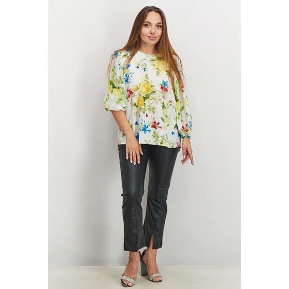 Calvin Klein Blouse NWT Size Medium White Multi Floral Chiffon Long Sleeve Top - Picture 3 of 13